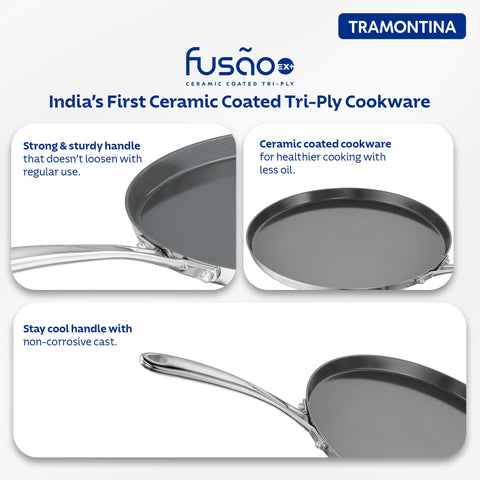 TRAMONTINA Fusao Healthy Triply Ceramic 30Cm Dosa Tawa 4mm Thick | Uttapam Tawa | Roti Tawa | Parantha | Induction Friendly |Stay Cool Handle I 10 Year Warranty
