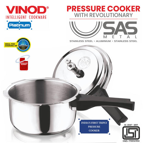Vinod Platinum Triply Stainless Steel Outer Lid Pressure Cooker - 3 Litre | ISI Certified | Induction & Gas Stove Compatible | Durable & Safe Pressure Cooker | Silver | 2 Year Warranty