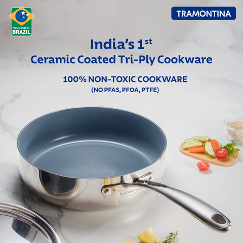 Tramontina Fusao EX+ Ceramic Coated 24cm / 2.8L Triply Stainless Steel Saute Pan with Lid | Curry, Stir-Fry, Deep Fry Cooking Pan | Gas/Induction Compatible Cookware | 10 Year Warranty