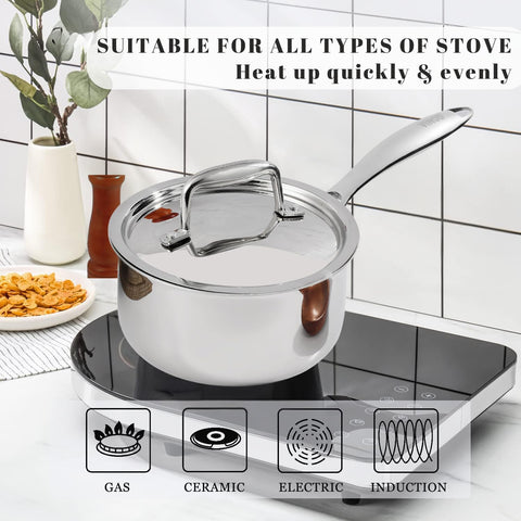 Vinod Platinum Triply Stainless Steel Saucepan with Stainless Steel Lid 1.6 Liters Capacity (16 cm Diameter) with Riveted Handle - Silver (Induction and Gas Stove Friendly)