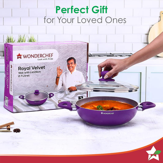 Wonderchef Royal Velvet 24cm Kadhai with Lid | Induction Ready