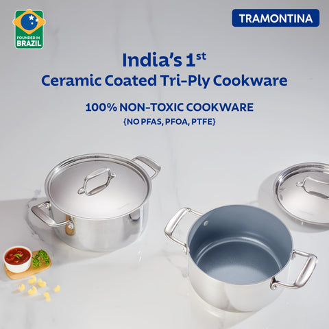 TRAMONTINA Fusao Healthy Triply Ceramic 20Cm/3.1Liters Polished Casserole EX+ With SS 304 Lid | Stock Pot | Biryani Pot | Induction Friendly | Stay Cool Handle I 10 Year Warranty* By Brand, Silver
