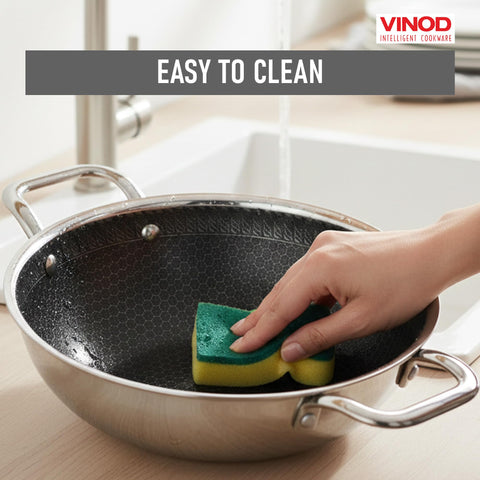 Vinod SAS Pro Platinum Triply Stainless Steel Extra Deep Kadai - 22 cm, 2.5 L | HexaShield Design Stick-Resistant Surface | Metal Spatula Safe | Healthy Cooking | Induction & Gas Base | PFOA Free