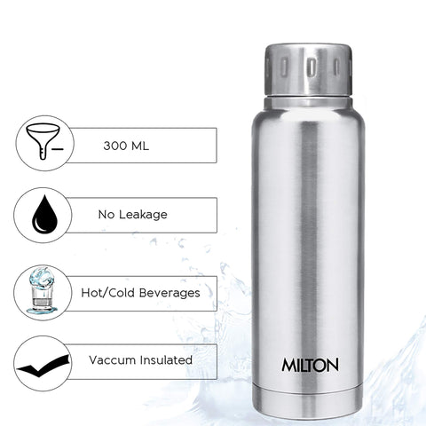 MILTON Elfin 300 Thermosteel Bottle, 300 ml Water Bottles, 24 Hours Hot and Cold, Easy to Carry, Easy Grip, Rust Proof, Tea, Coffee, Office, Travel Bottle, Silver