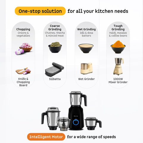 Atomberg Yulia 750 Watt Mixer Grinder | 4 Multipurpose Jars including Chopper Jar | Coarse Mode for Silbatta-like Textures | Powerful Intelligent Motor | Advanced Safety Features | Gloss Black