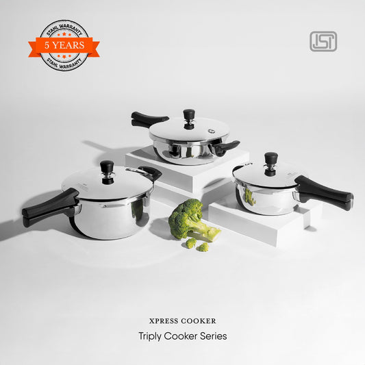 Stahl Xpress Cooker Triply Pressure Cooker Tall, 5 L, Induction Cooker, Outer Lid Pressure Cooker, Induction & Gas Stove Compatible, 5 Years Warranty, Stainless Steel, Silver