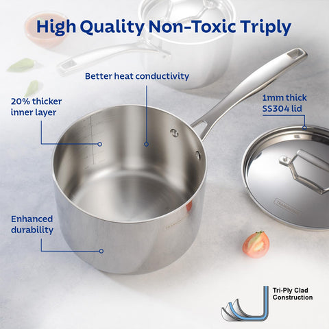 Tramontina Aeion Triply 16cm / 2.1 Liter Stainless Steel Sauce Pan with SS 304 Lid | Healthy, Non Toxic | Milk Pan/Tea Pan | Induction Friendly | Stay Cool Handle | NSF Certified | 10 Year Warranty