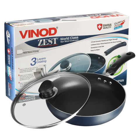 Vinod Zest Aluminium Non Stick Deep Frypan with Lid - 4.6 litre, 30cm | Skillet Pan for Frying | 3mm Thick | 3 Layer Coating | Scratch Proof | 1 Year Warranty - Gas Base