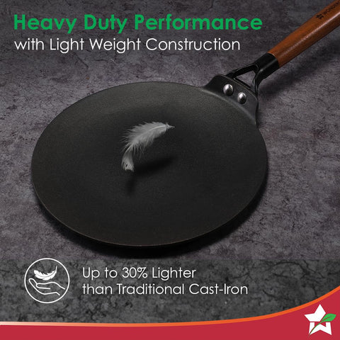 Wonderchef Ferro Light-Weight Cast-Iron Roti Tawa | 26cm | Pre-Seasoned with 100% Vegetable Oil | 40% Lighter Than Regular Cast-Iron Cookware | Cool-Touch Real Acacia Wood Handles | 10-Year Warranty