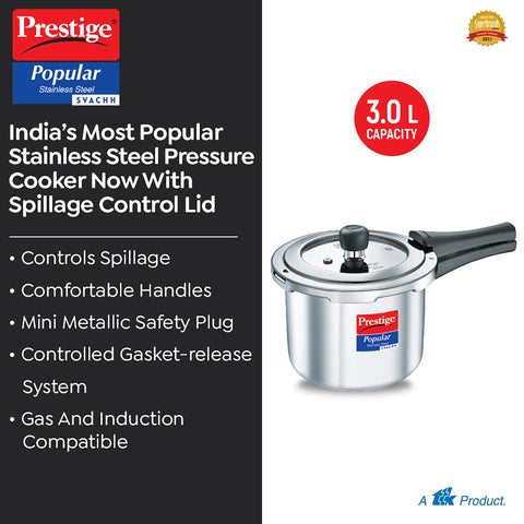 Prestige 3 Litre Stainless Steel Popular Svachh Outerlid Pressure Cooker | Deep lid for spillage control|Gas & Induction Compatible|Controlled Gasket Release System|5 Years warranty|ISI Certified
