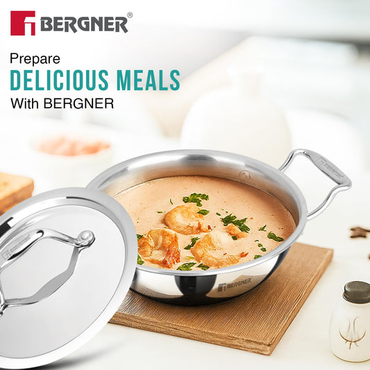 BERGNER Argent Junior Chef Triply Kadai with Stainless Steel Lid, 16cm (1.1 L) Mini Kadhai, Faster and Even Heat, Consumes Less Oil, Healthy Cooking, Easy to Clean - Induction and Gas Stove Ready