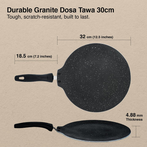 Prestige Omega Granite Non-Stick Dosa Tawa 30cm | Extra Thick Base (4.88 mm) | 5-Layer Coating | Gas & Induction Compatible | PFOA Free | Metal Spoon Friendly | Dishwasher Safe | 2Y Warranty | ISI