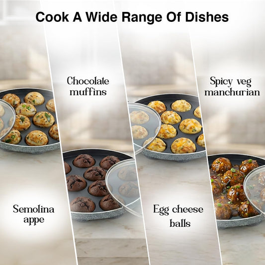 Prestige Non-Stick 12 Pits Paniyarakkal 24cm with Glass Lid | Appe Patra | Appe Maker | Omega Select Plus | PFOA Free | Metal Spoon Friendly | Sturdy Handle | 1Y Warranty | ISI Certified
