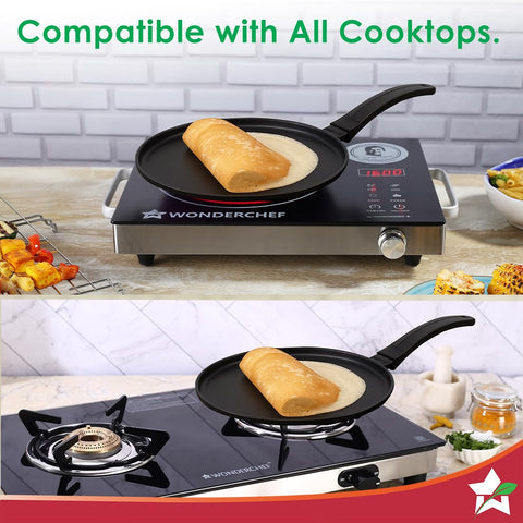 Wonderchef Inducta Die-Cast Aluminium Non-Stick Dosa Tawa | 3.8 mm Extra Thick Base | 28cm Non Stick Tawa | Induction Friendly | Soft Touch Bakelite Handle | 2 Year Warranty | Black