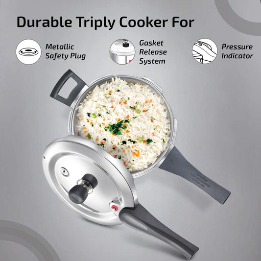 Prestige 5L+3L Triply Svachh Outer Lid Pressure Cooker Combi with 2 Lids|Gas & Induction Compatible|Deep lid for spillage control|Triply body for even heat distribution|5 Years Warranty|ISI Certified