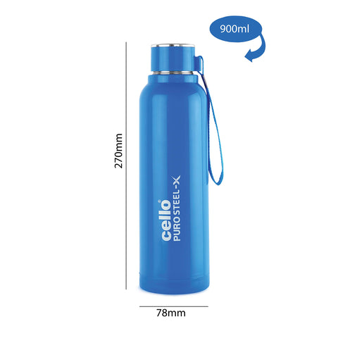 Cello Puro Steel-X Benz 900 | Leak Proof| Wide Mouth & Easy to Open | Insulated Inner Steel Outer Plastic Water Bottle | 730ml | Blue