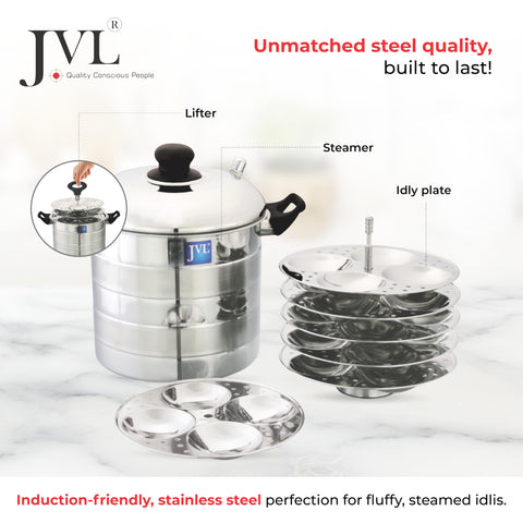 JVL 6P Stainless Steel Round Shape Idly Maker || 6 Plates Each with Plain Lid