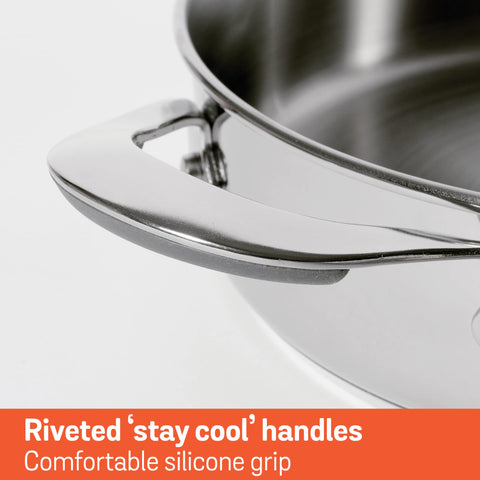 Meyer Select Nickel Free Stainless Steel Sauteuse with Glass Lid | Steel Saute Pan with Triply Base| Frying Pan with Lid | Gas and Induction Suitable | 28cm/ 4.77 Litre, Silver