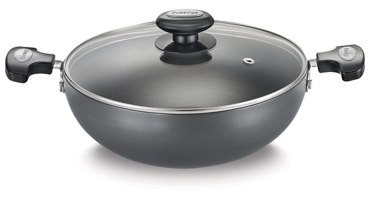 Prestige Hard Anodised Plus Gas and Induction Compatible Kadai with Glass Lid, 240 mm (Black)