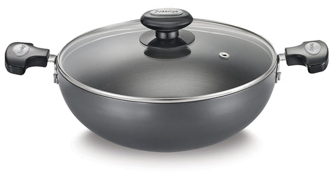 Prestige Hard Anodised Plus Gas and Induction Compatible Kadai with Glass Lid, 300 mm (Black)