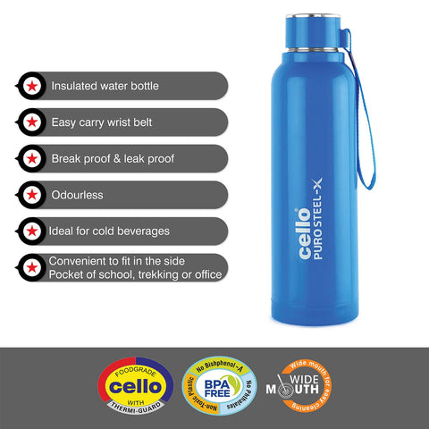 Cello Puro Steel-X Benz 900 | Leak Proof| Wide Mouth & Easy to Open | Insulated Inner Steel Outer Plastic Water Bottle | 730ml | Blue