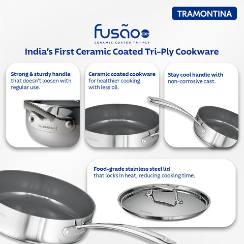 Tramontina Fusao EX+ Ceramic Coated 24cm / 2.8L Triply Stainless Steel Saute Pan with Lid | Curry, Stir-Fry, Deep Fry Cooking Pan | Gas/Induction Compatible Cookware | 10 Year Warranty