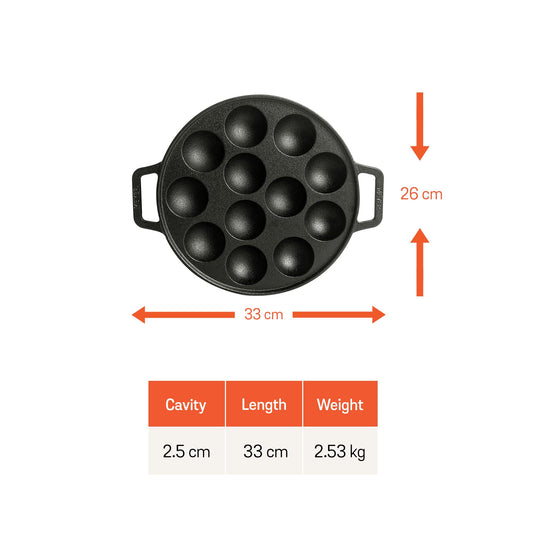 Meyer Pre Seasoned Cast Iron 12 Cavity Appam Patra, Paniyaram Pan Iron, Appam Pan, Pan Cake, Paddu, Appam Maker, Ponganal Maker, Appe and Litti Maker with 2 Side Handle, 26cm, Black