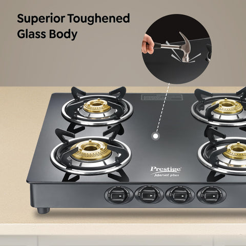 Prestige Marvel Plus 4 Burner GTM 04 SQ Glasstop Gas Stove|Superior Toughened Glass|Jumbo Brass Burner|360 Degree Revolving Nozzle|Spill Proof Design|5 Years Warranty on Glass|Black