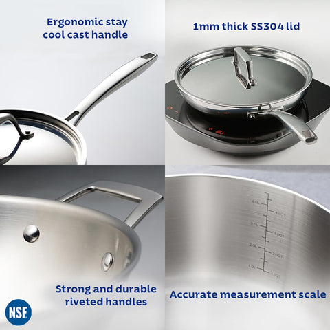 TRAMONTINA Aeion Triply 24cm / 2.8L Stainless Steel Saute Pan with Lid | Curry, Deep Fry, Stir Fry Cooking Pan | Gas/Induction Compatible | Stay Cool Handle | NSF Certified | 10 Year Warranty