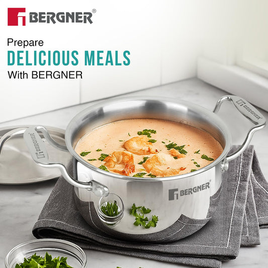 Bergner Argent Junior Chef Triply Stainless Steel 12cm (800ml) Casserole with Stainless Steel Lid, Mini Casserole, Durable, Less Oil Use, Healthy, Non-Toxic, Easy Clean - Induction and Gas Stove Ready