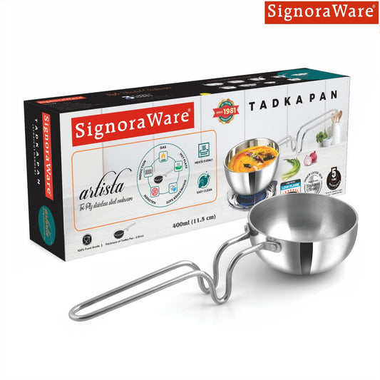 SignoraWare Artista Tri-Ply Cookware Tadkapan | Faster Cooking | Induction Friendly | Ideal for Tadka for Rasam, Sambar, Dals and Curries | Roasting Nuts & Seeds | Making Ghee Tadka (400ml)