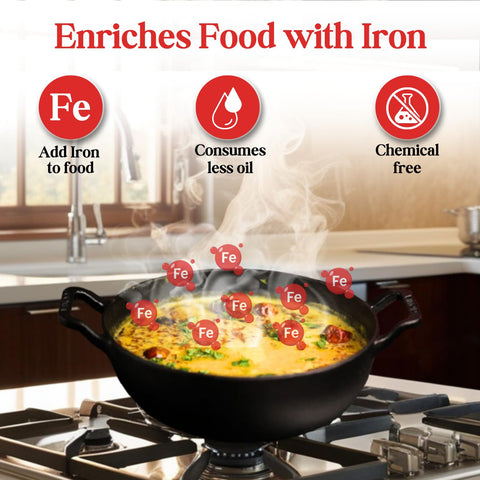 Vinod Legacy Pre-Seasoned Cast Iron Kadai with Glass Lid – 26 cm | Naturally Stick Free | Cooking Kadhai for Deep Frying | Big Size | 100% Pure | Toxin Free | Safety Sleeve