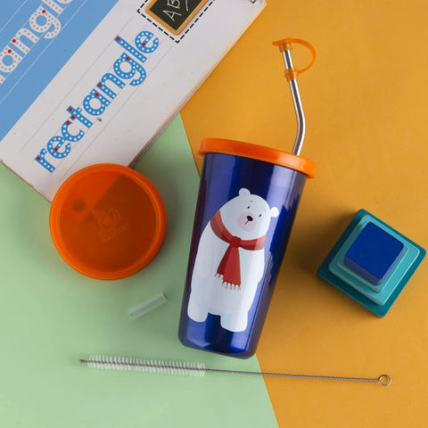 PDDFALCON Polar Bear Cartoon Print Steel Straw Glass, Blue with Orange Lid, 370ml