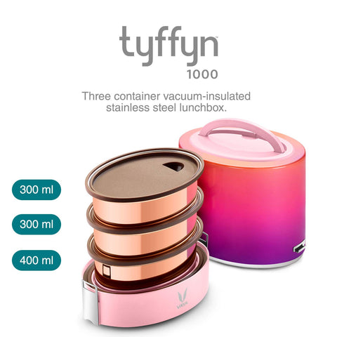 VAYA TYFFYN Ombre Pink Copper-Finished Stainless Steel Lunch Box with Bagmat, 1000 ml, 3 Containers, Pink