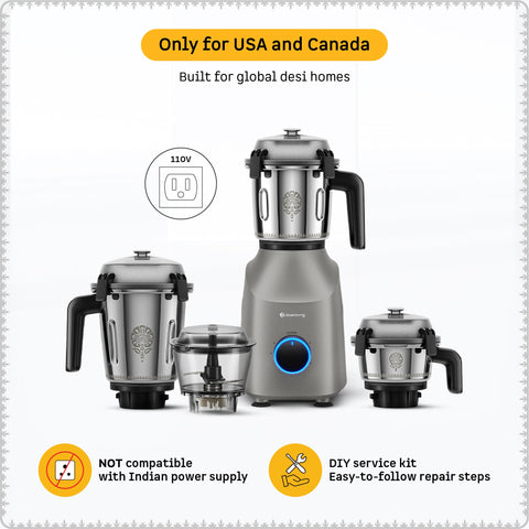 Atomberg Tavi Mixer Grinder 110V | Unique Coarse Mode for Silbatta-Like Texture | Intelligent 600W Motor | 4 Jars Including Chopper Jar | Hands-Free Operation (Matte Sand Grey)