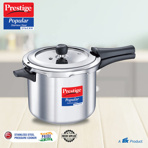 Prestige 5 Litre Stainless Steel Popular Svachh Outerlid Pressure Cooker | Deep lid for spillage control|Gas & Induction Compatible|Controlled Gasket Release System|5 Years warranty|ISI Certified