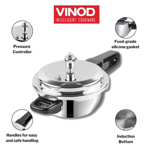 Vinod Stainless Steel Pressure Cooker 6 Litres | Also use as Deep Fry pan | Sandwich Bottom | Induction and Gas Stove Friendly | 2 Years Warranty | ISI and CE certified | Silver