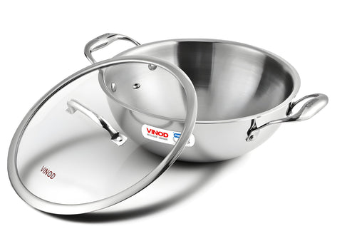 Vinod Platinum Triply Stainless Steel Extra Deep Kadai with Glass Lid - 26 cm | Even Heating, Less Oil Healthy Cooking, Heavy Bottom Induction Cookware Kadhai for Cooking & Frying