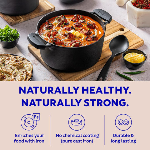 Tramontina TITANEX 24cm/4.9L Pre-Seasoned Heritage Cast Iron Casserole with Toughened Glass Lid | Gas/Induction Compatible Biryani Pot | Stock Pot with Snap-On Silicone Grips | Life-Time Warranty*