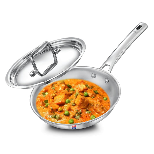 Prestige 20cm/1.0L Tri-Ply Stainless Steel Splendid Fry Pan with Lid|Gas and Induction Compatible|Even Heat Distribution| Thick Gauge Tri-Ply Body|15 Year Warranty