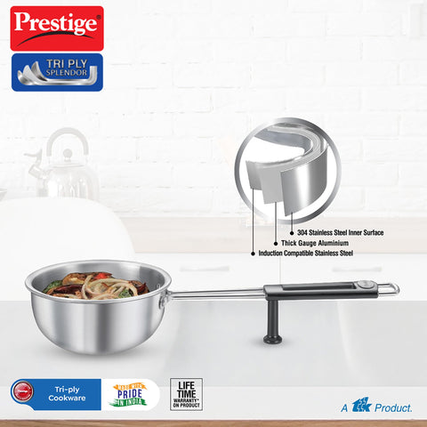 Prestige 13cm/550ml Tri-Ply Stainless Steel Splendor Tadka Pan|Gas & Induction Compatible| Rimmed Edge| in-Built Stand| Heat Resistance Handle| Thick Gauge