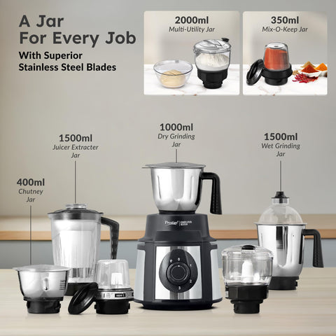 Prestige Endura 1000 Watt Mixer Grinder with 6 Jars | Heavy-Duty Ball Bearing Motor | 3 Stainless Steel Jars + 1 Juicer + 1 Mix-O-Keep + 1 Multi-Utility | SS Baldes | Black | 5Y Motor Warranty