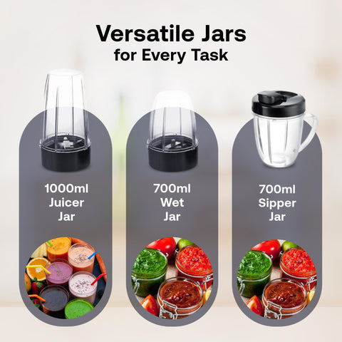 Prestige Nutri-Zen Mixer Grinder with 3 Polycarbonate Jars – Big - 1000ml | Sipper with Handle - 700ml | Small - 700ml |Compact & Powerful Blender for Juices, Shakes & More