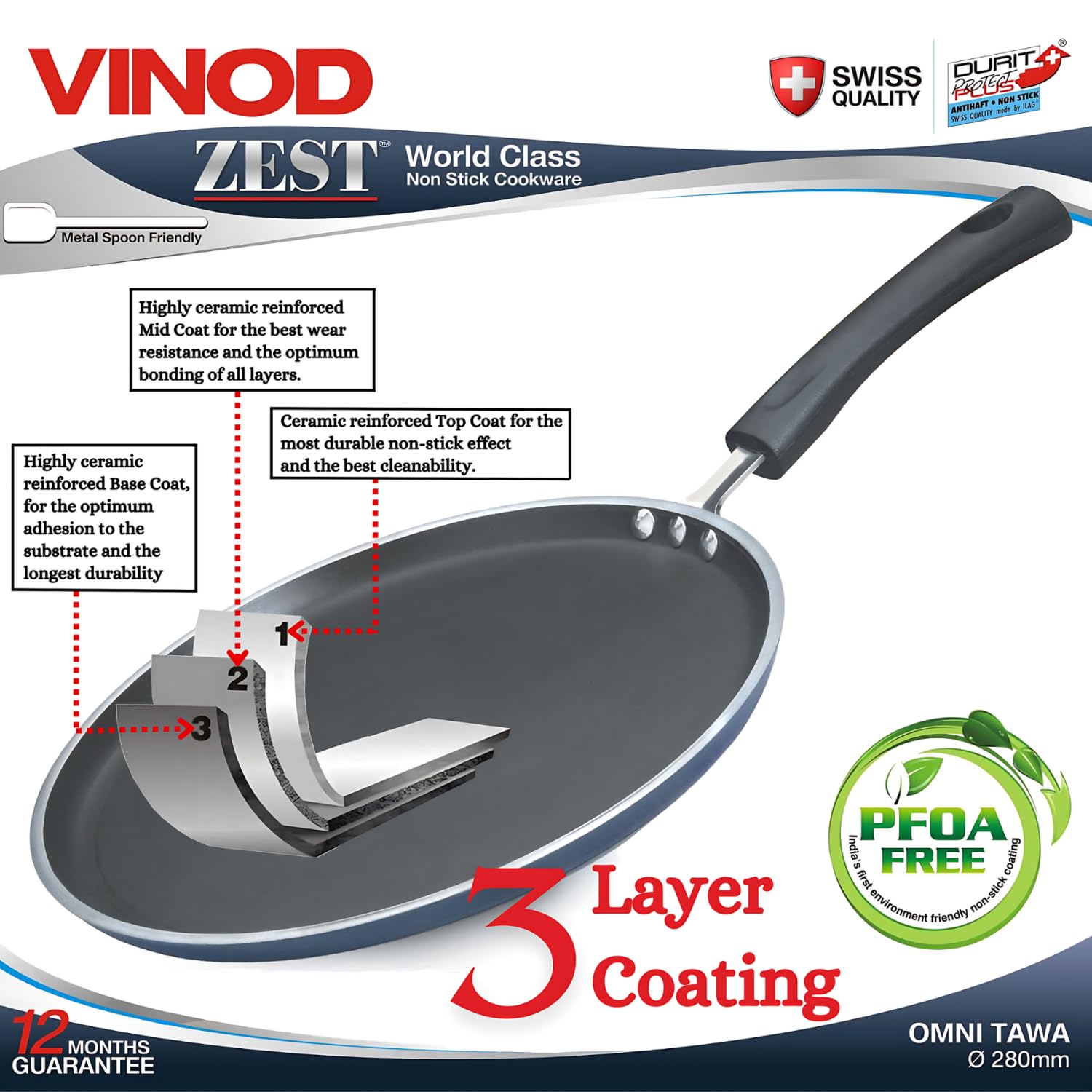 Vinod Zest 28cm Non Stick Dosa Tawa | 5mm Thick Ceramic Coating