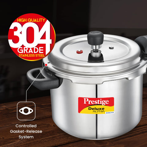 Prestige 4 Litre Stainless Steel Deluxe Alpha Svachh Outerlid Pressure Cooker |Deep lid for spillage control|10 years warranty|Gas & Induction compatible|Gasket release system|ISI Certified