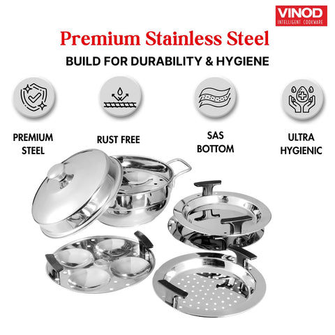 Vinod Gen - Z Multi 6 pcs Kadai with Stainless Steel Lid, 2 Idli Plates, 2 Dhokla Plates and 1 Patra Plate -Induction & Gas Stove Friendly, Sturdy Handle,SAS Bottom