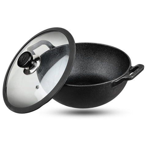 Vinod Legacy Pre-Seasoned Cast Iron Kadai with Glass Lid – 26 cm | Naturally Stick Free | Cooking Kadhai for Deep Frying | Big Size | 100% Pure | Toxin Free | Safety Sleeve