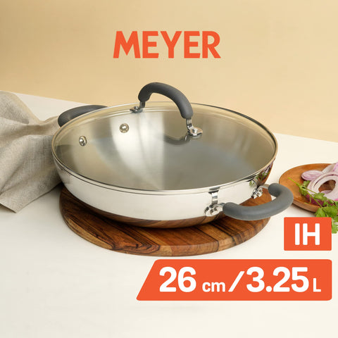 Meyer Trivantage Nickel Free Stainless Steel Triply Kadai | Steel Kadhai with Lid | Stainless Steel Kadhai | Kadhai for deep Fry, 26cm, Silver