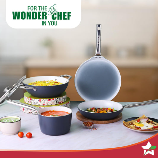 Wonderchef Eco-Glide Fry Pan | | Chemical-Free Ceramic Coating | 20cm, 1.2L | Healthy, Low Oil Meals | Scratch-Resistant | Stainless-Steel Handle | Gas & Induction Compatible | Grey | Easy to Clean