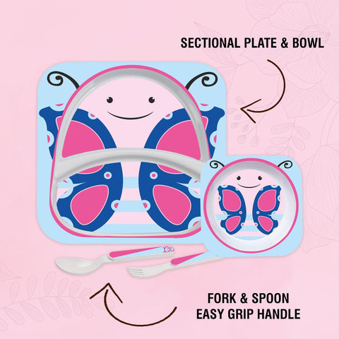 Cello Kids Meal Melamine Dinner Set with Butterfly Print | Safe and hygenic for Kids to use | Attractive and Long Lasting Designs | Break Resistant | Pink, Set of 4